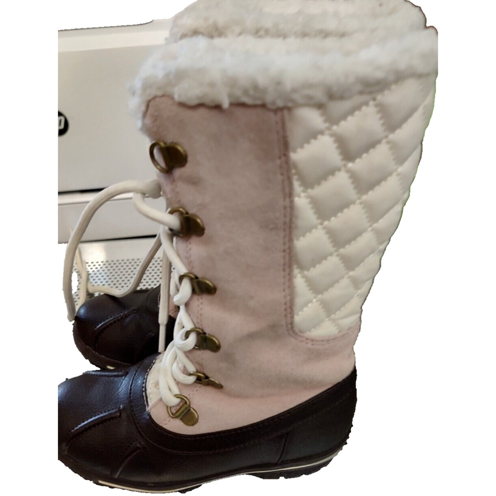 Lands End Kids Lace up All Weather Boots Leather & Suede and Faux Shearling 10